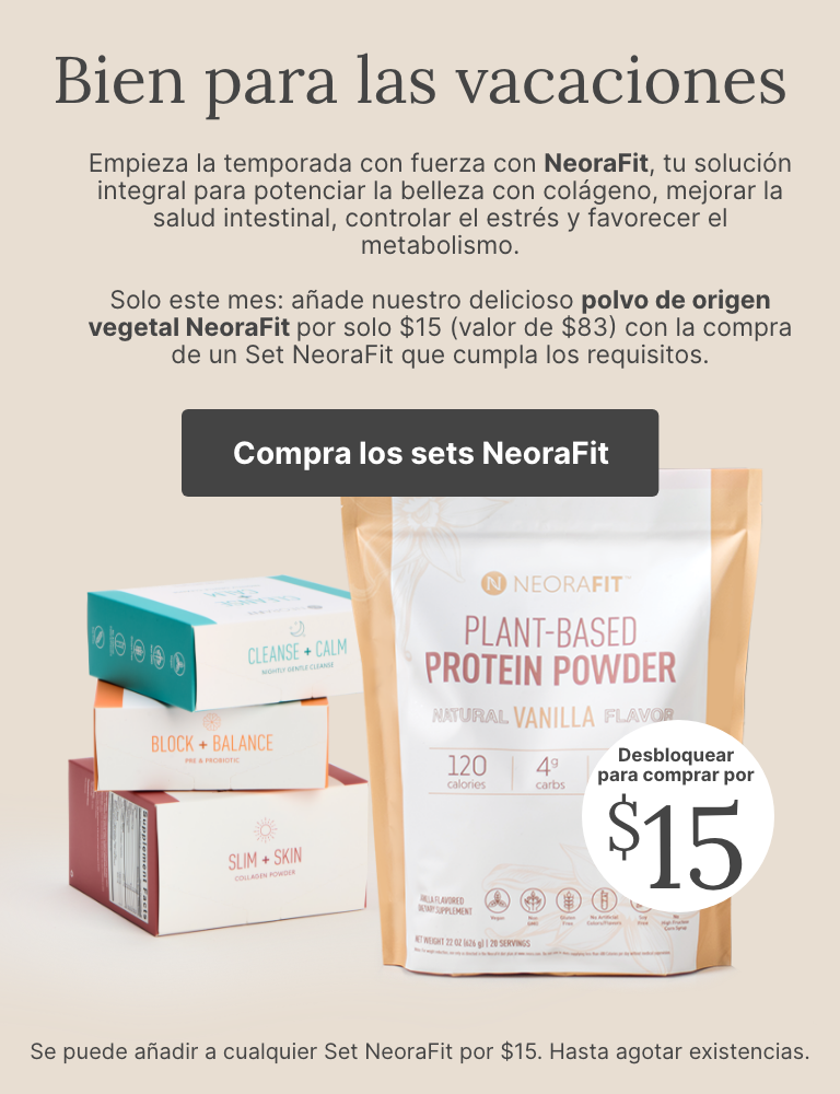 Holiday wellness promotion with a NeoraFit Plant-Based Protein Powder bag shown with a filled shaker bottle. Limited-time $15 offer ($83 value) when purchased with qualifying NeoraFit sets.